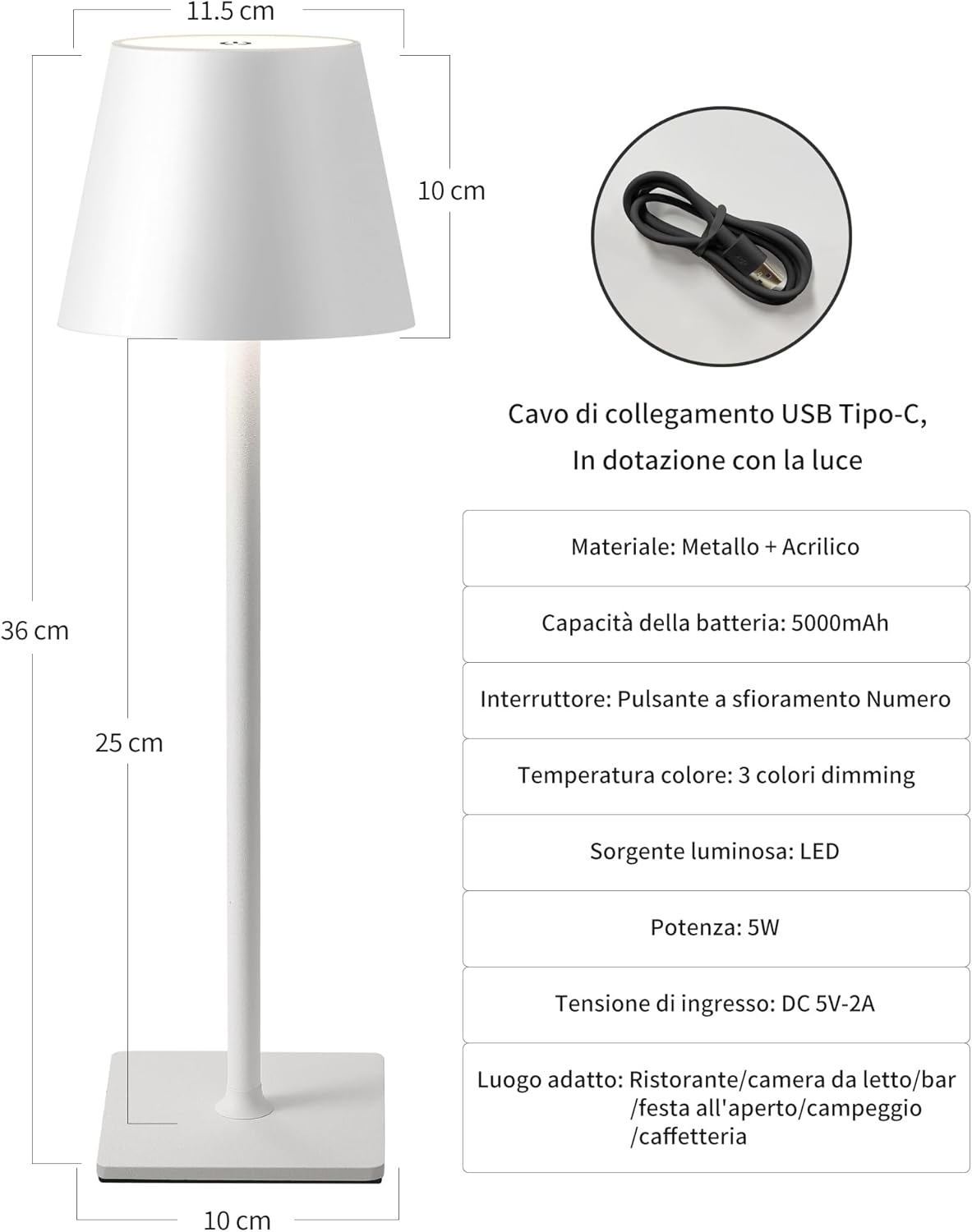 Lampada da Tavolo LED Ricaricabile Senza Fili – Dimmerabile Touch, 2400mAh, 3 Tonalità (2700K-6000K), Design Moderno per Interno ed Esterno, Camera da Letto, Soggiorno, Giardino, IP54