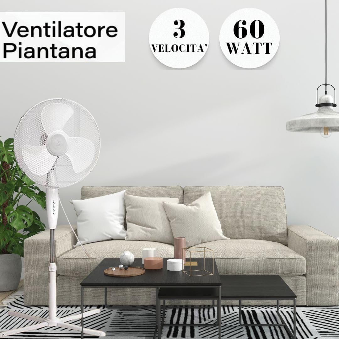 Ventilatore a Piantana 60W Bianco – Altezza Regolabile, 3 Velocità, Oscillazione Orizzontale, Diametro Pale 41 cm, Silenzioso e Potente