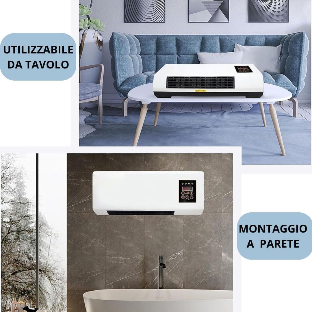 Termoconvettore Elettrico da Parete 1500W con Display LED e Telecomando - Funzione Aria Calda/Fredda Temperatura Regolabile, Timer, Design Compatto ed Efficiente per Casa Ufficio