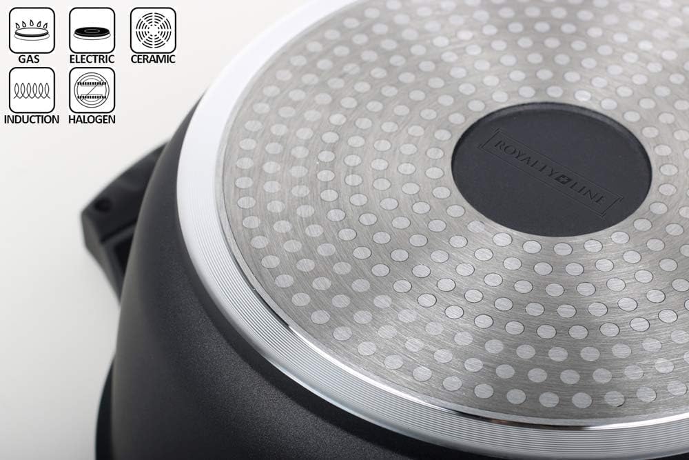 Pentola Tegame Royalty Line in Alluminio con Rivestimento Antiaderente Teflon, Coperchio in Vetro e Acciaio Inox – Adatta a Induzione, Gas, Elettrico, Ceramica e Alogeno