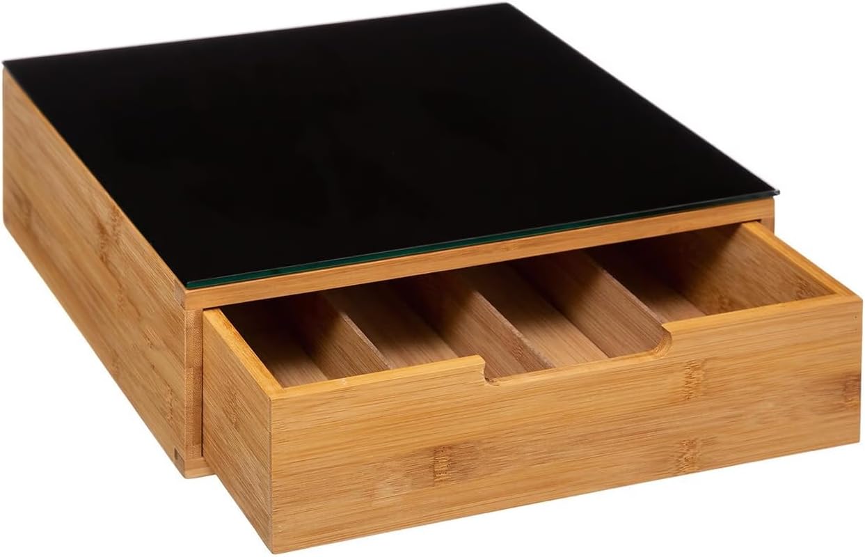 Portacapsule E Portacialde Bambù Con Cassetto Scomparti Caffè Organizzatore Capsule Cialde Tisane Tè Bustine Di Zucchero Bicchierini 30x30x10Cm