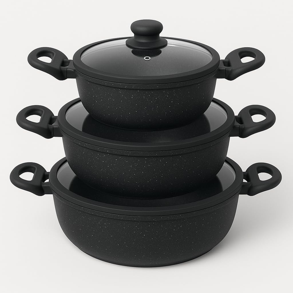 Tris Pentole Bavaria in pietra lavica antiaderenti 3 Padelle + 3 Coperchi Pietra Lavica 20-24-28cm, in Pietra Lavica, Adatto a piano a Gas e a Induzione, Padelle e Coperchi