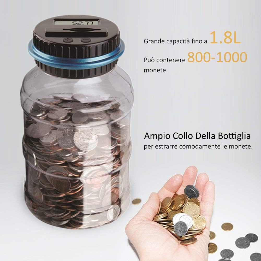 Salvadanaio Elettronico Digitale Trasparente con Display LCD, Grande Capacità da 1.8L Euro Contasoldi, Contamonete Apribile per Bambini e Ragazze, Gigante Contatore Monete Automatico per Adulti