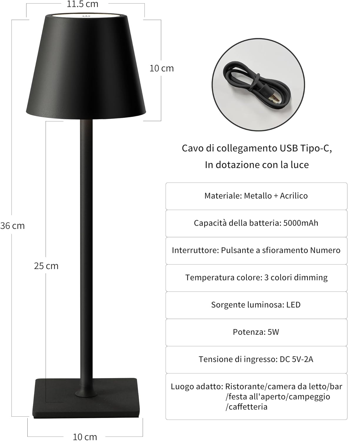 Lampada da Tavolo LED Ricaricabile Senza Fili – Dimmerabile Touch, 2400mAh, 3 Tonalità (2700K-6000K), Design Moderno per Interno ed Esterno, Camera da Letto, Soggiorno, Giardino, IP54