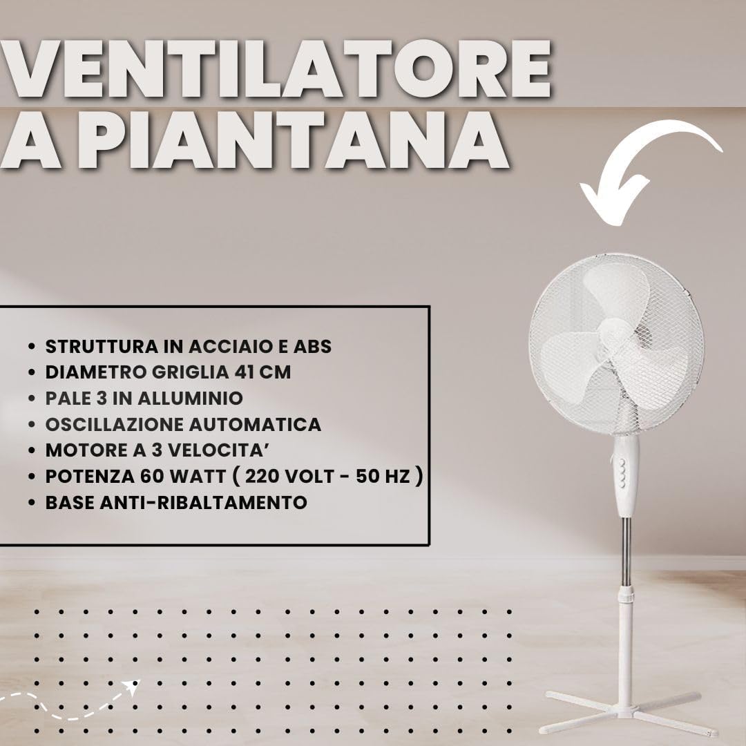 Ventilatore a Piantana 60W Bianco – Altezza Regolabile, 3 Velocità, Oscillazione Orizzontale, Diametro Pale 41 cm, Silenzioso e Potente