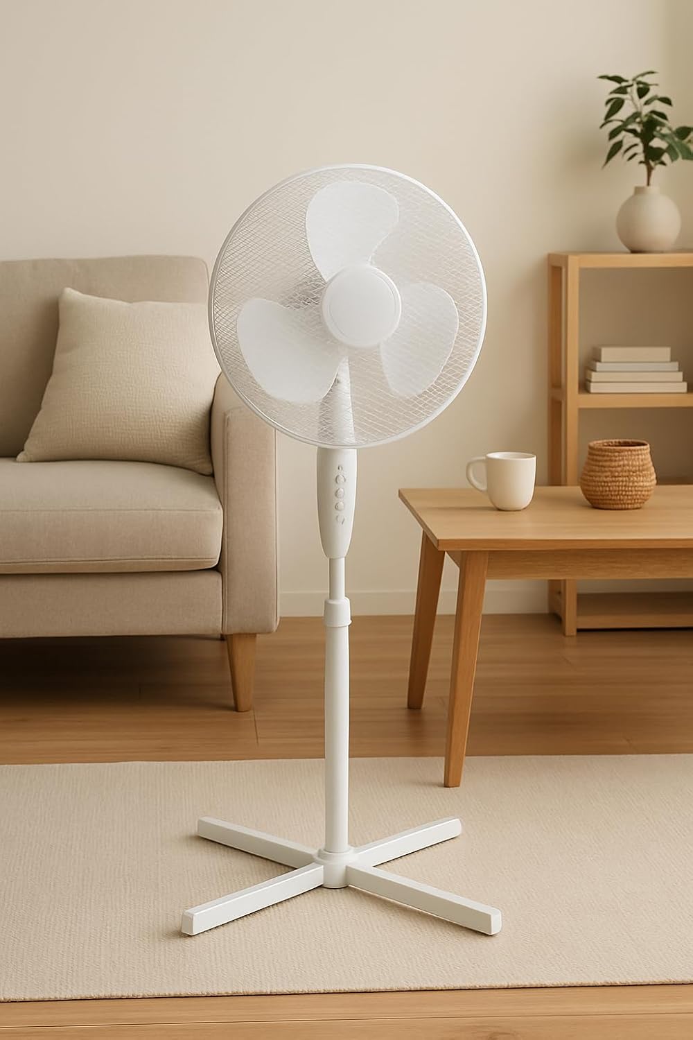 Ventilatore a Piantana 60W Bianco – Altezza Regolabile, 3 Velocità, Oscillazione Orizzontale, Diametro Pale 41 cm, Silenzioso e Potente