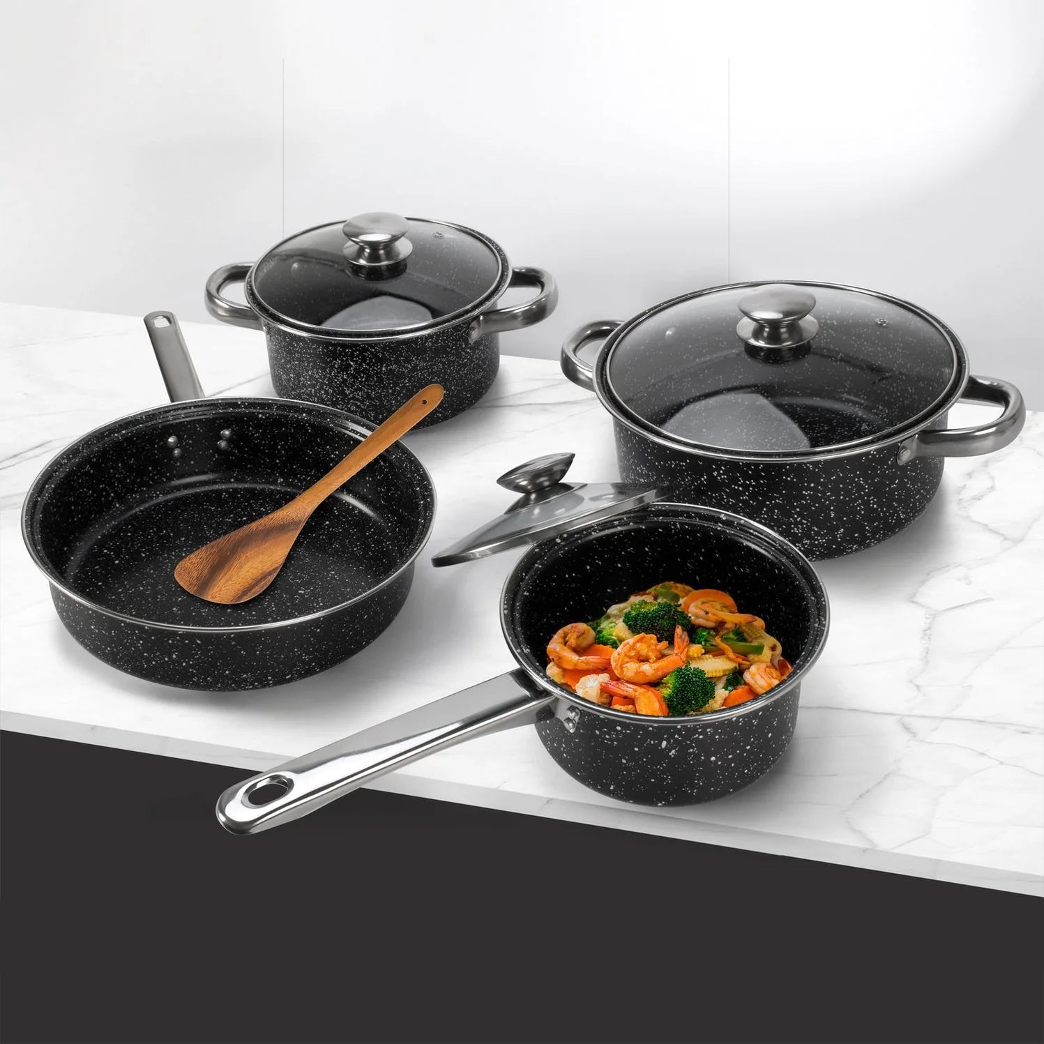 Batteria di Pentole Black Antiaderenti Marmorizzate 7 Pezzi