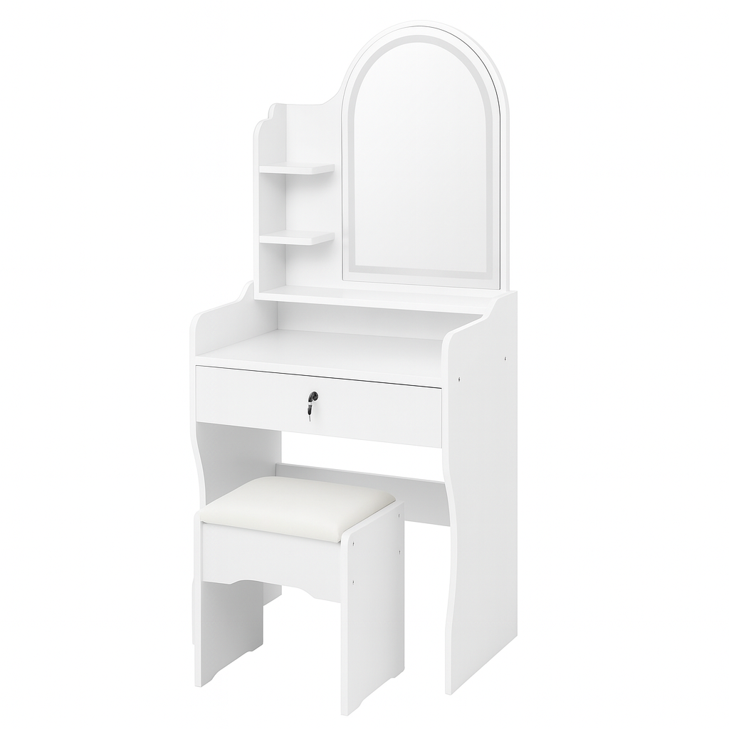 Tavolo da Toeletta con Specchio LED Touch e Sgabello Ballerina Vanity Set Moderno con Cassetto e Mensole, Postazione Trucco Make-up con Illuminazione Regolabile – 50x30x122 cm