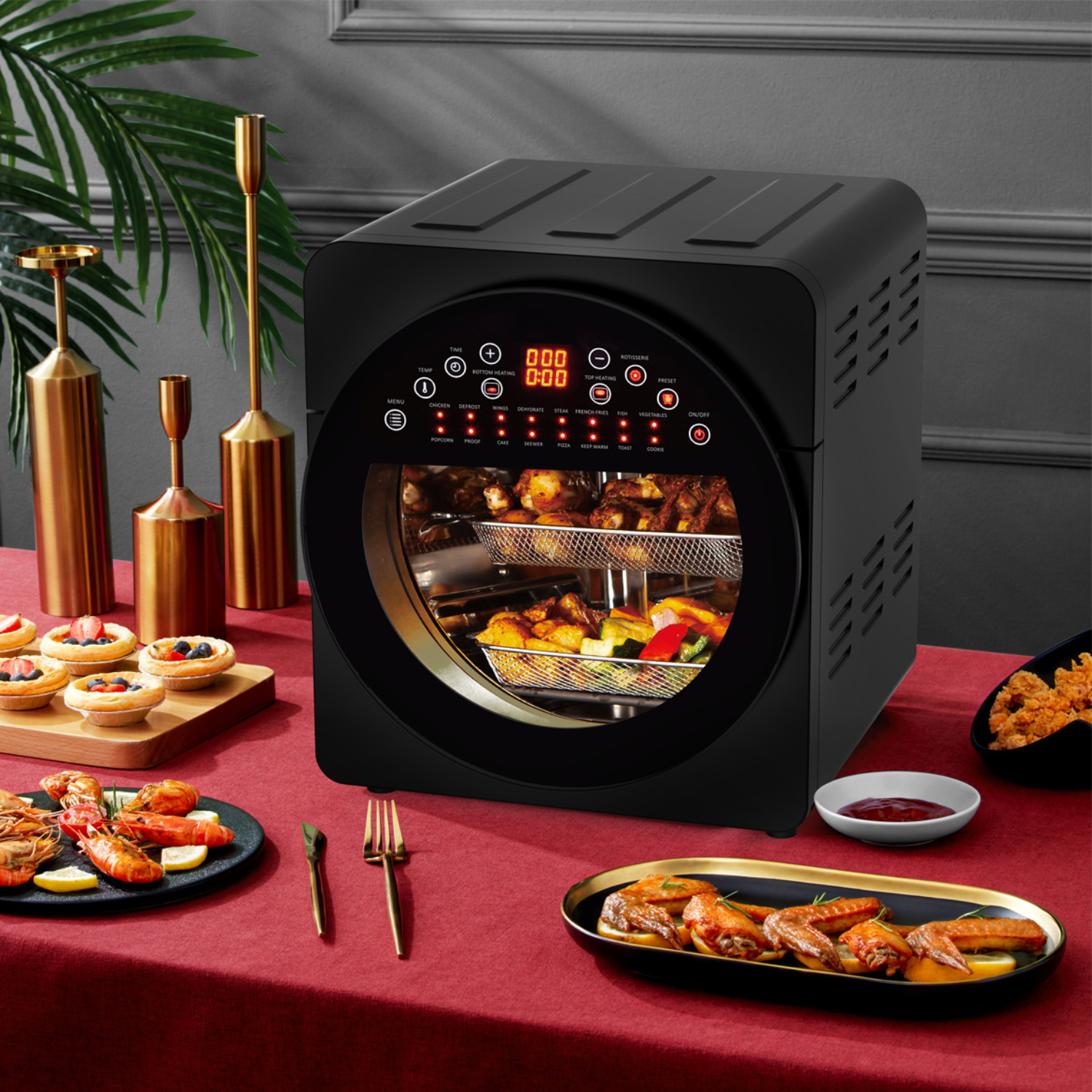 Forno ad Aria 14L con Doppio Riscaldamento e Display Touch – Air Fryer Oven Multifunzione in Acciaio, con Girarrosto, Timer Regolabile e Accessori Inclusi – Cottura Sana e Croccante Senza Olio