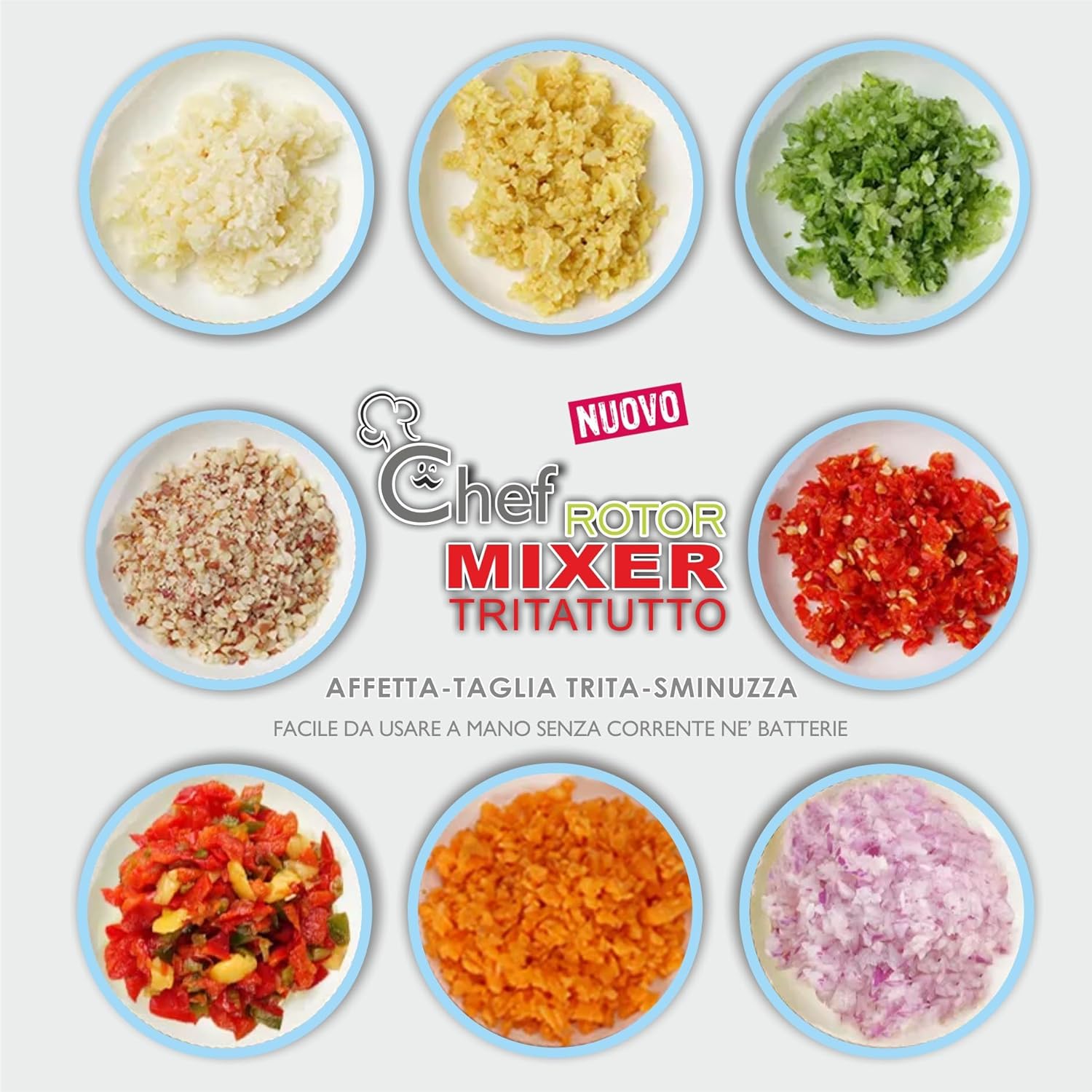 Mixer Tritatutto Manuale, 5 Lame acciaio Inox, Trita Verdure Manuale, Frullatore Manuale Taglio di Cipolla Manuale Tritaverdure da Cucina, press Chopper, 2 Contenitori 900 + 500 ml