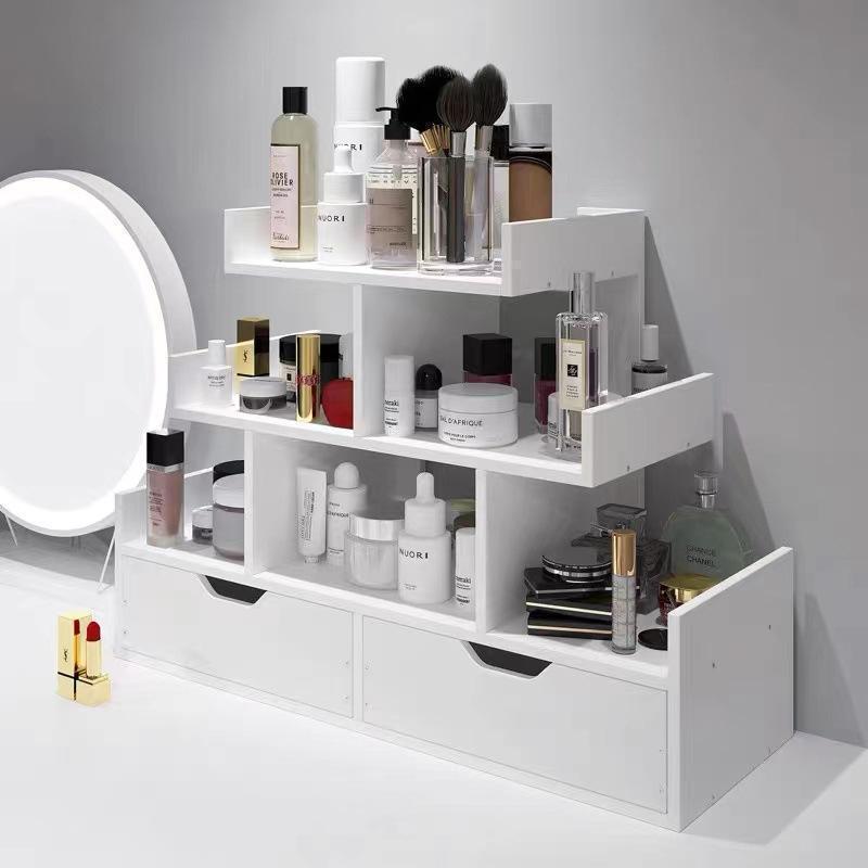 Organizer trucchi da tavolo con cassetti – Porta cosmetici in legno bianco a 3 livelli per bagno o toeletta, ideale per profumi, pennelli e prodotti skincare – 60x17,5x51 cm