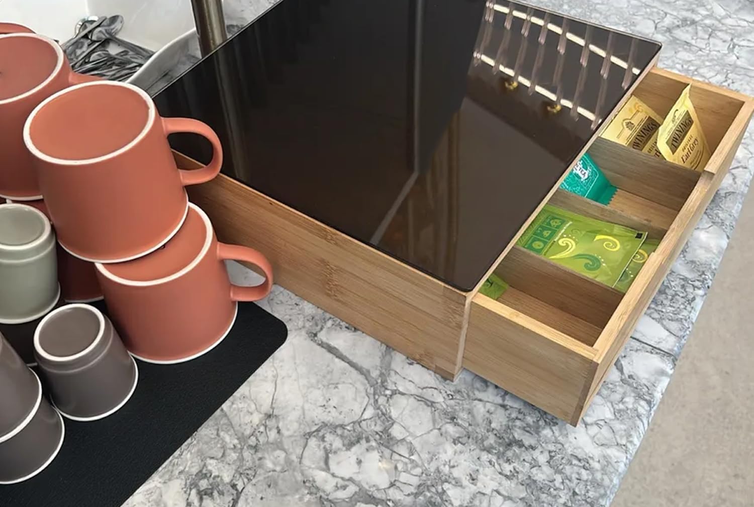 Portacapsule E Portacialde Bambù Con Cassetto Scomparti Caffè Organizzatore Capsule Cialde Tisane Tè Bustine Di Zucchero Bicchierini 30x30x10Cm