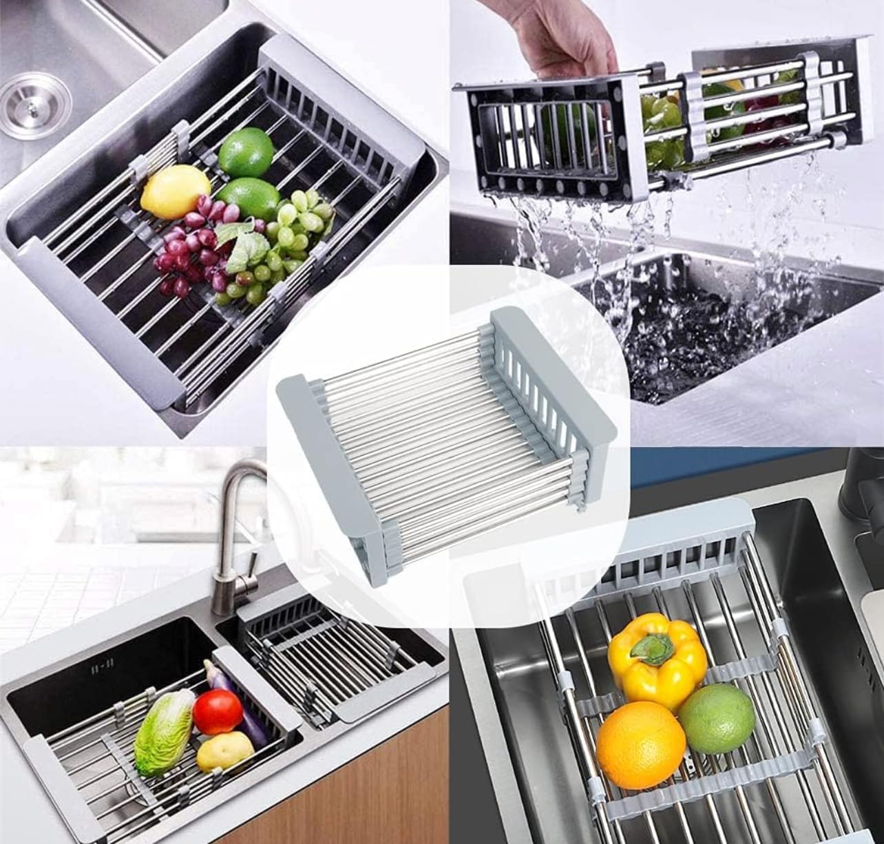 Scolapiatti Telescopico in Acciaio Inox – Cestello Scolatutto da Lavello con Braccioli Regolabili, Salvaspazio per Stoviglie, Frutta e Verdura