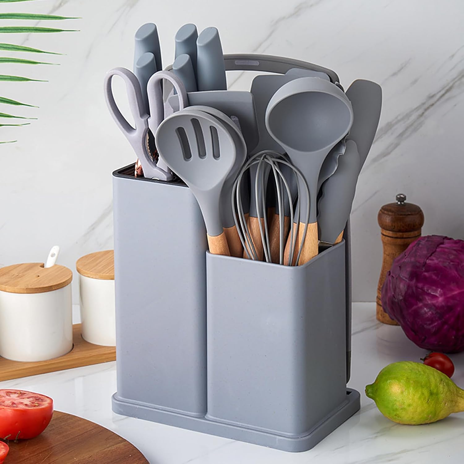 Set Coltelli da Cucina, pacchetto di utensili da Cucina da 19 pezzi, comprende 5 coltelli e 13 utensili da cucina in silicone, oltre a 1 scatola di stoccaggio