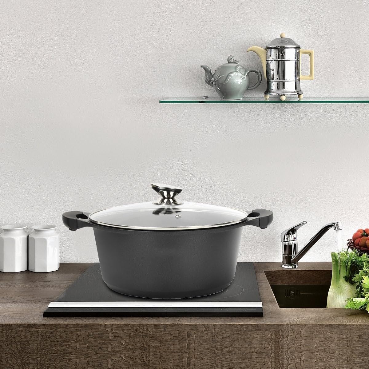 Pentola Tegame Royalty Line in Alluminio con Rivestimento Antiaderente Teflon, Coperchio in Vetro e Acciaio Inox – Adatta a Induzione, Gas, Elettrico, Ceramica e Alogeno