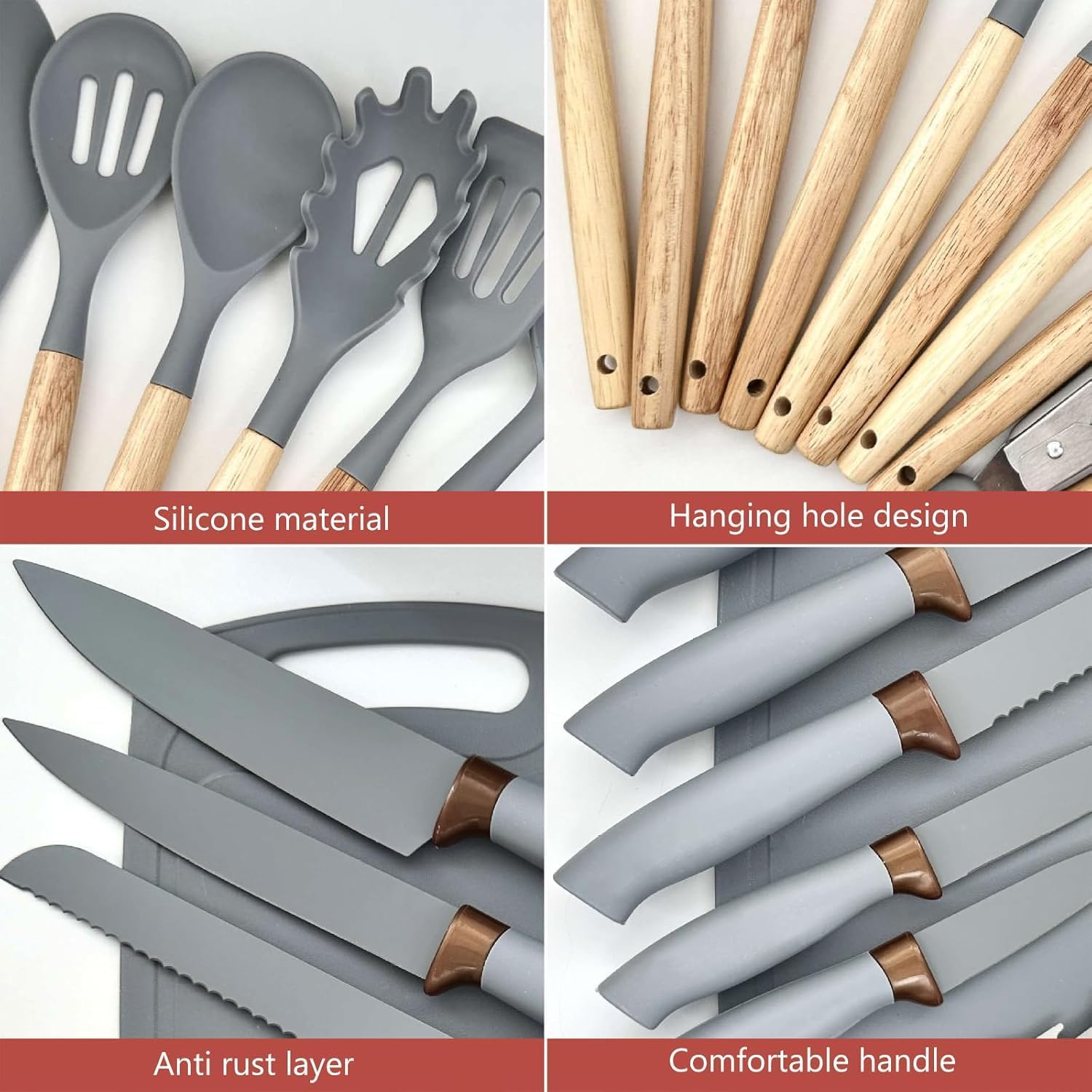 Set Coltelli da Cucina, pacchetto di utensili da Cucina da 19 pezzi, comprende 5 coltelli e 13 utensili da cucina in silicone, oltre a 1 scatola di stoccaggio