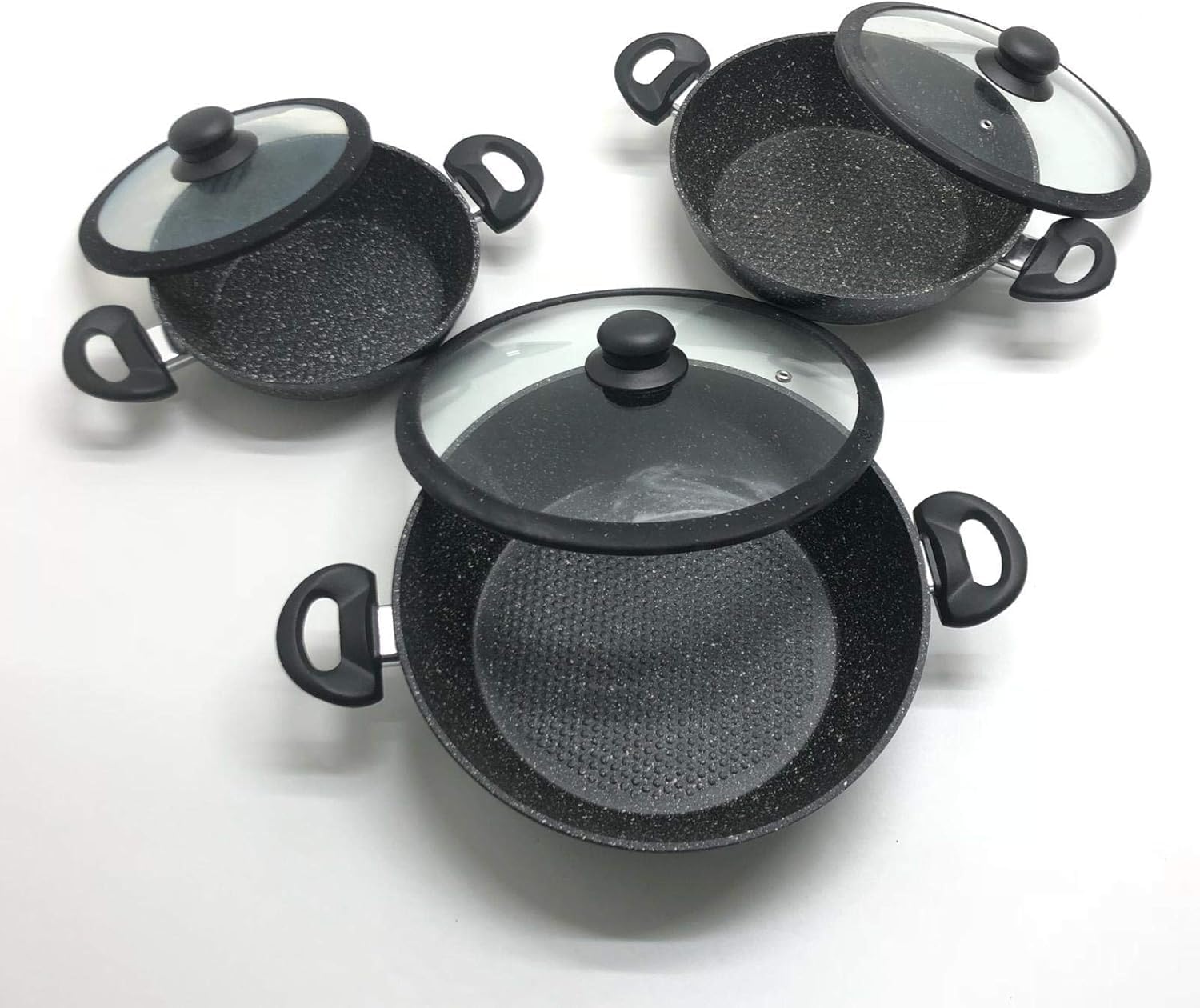 Tris Pentole Bavaria in pietra lavica antiaderenti 3 Padelle + 3 Coperchi Pietra Lavica 20-24-28cm, in Pietra Lavica, Adatto a piano a Gas e a Induzione, Padelle e Coperchi