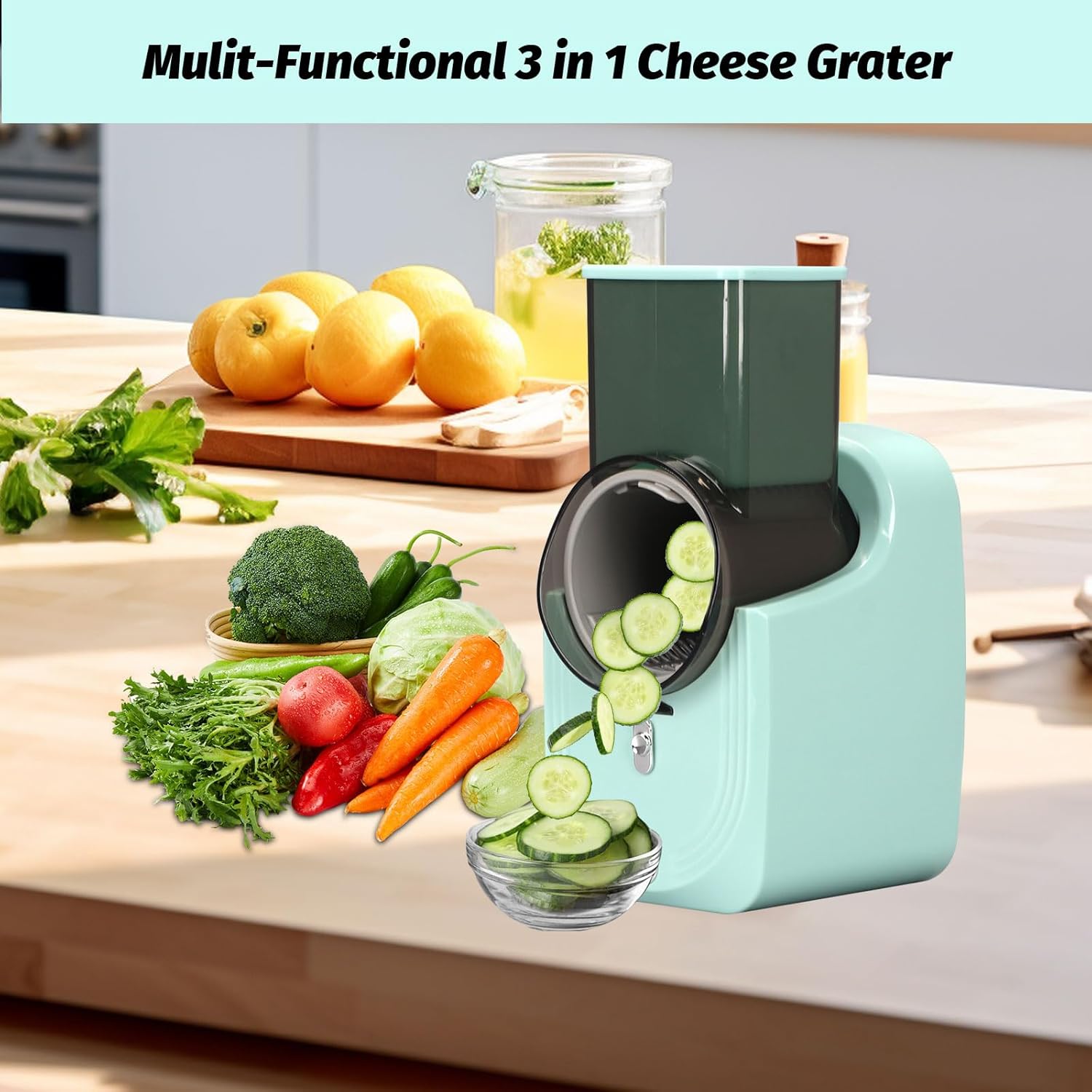 Taglia Verdure Elettrico, Affetta Verdure Multifunzionale, Grattugia Verdure con 3 Lame Intercambiabili per Fine,Affettato, Tritato, Operazione con un Solo Tocco, Facile da Pulire