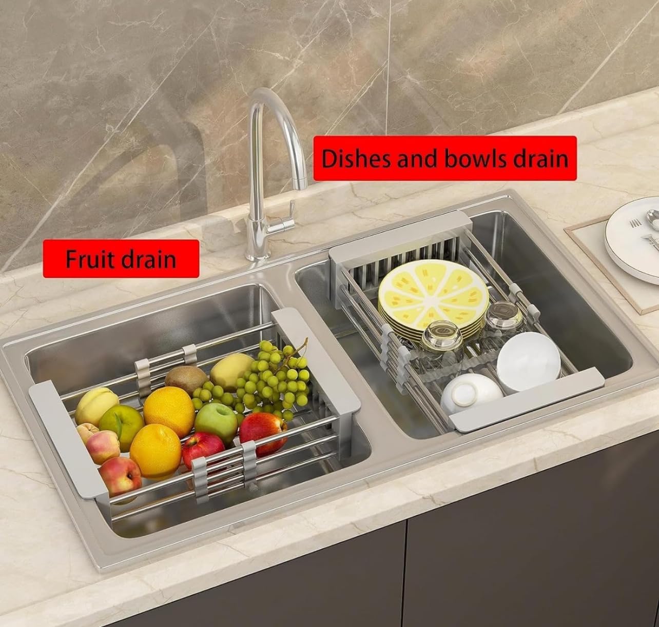 Scolapiatti Telescopico in Acciaio Inox – Cestello Scolatutto da Lavello con Braccioli Regolabili, Salvaspazio per Stoviglie, Frutta e Verdura