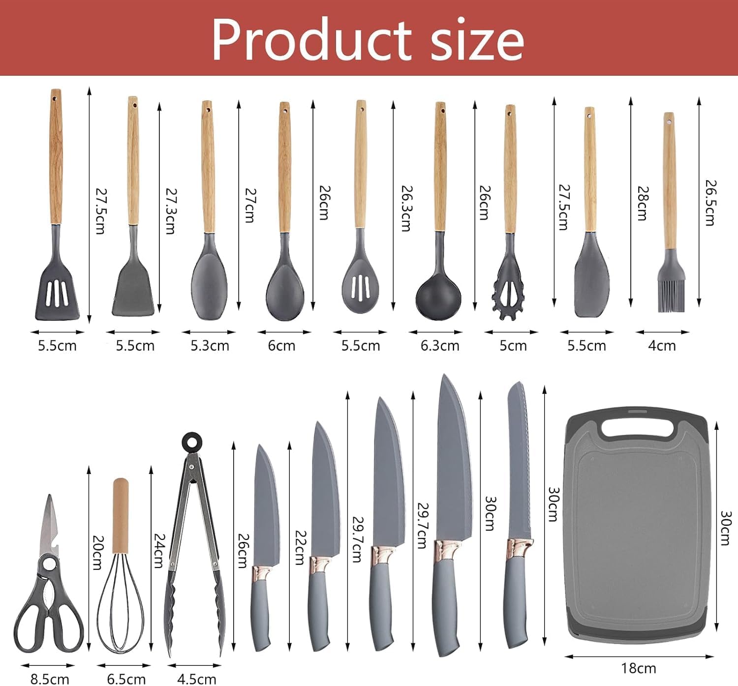 Set Coltelli da Cucina, pacchetto di utensili da Cucina da 19 pezzi, comprende 5 coltelli e 13 utensili da cucina in silicone, oltre a 1 scatola di stoccaggio