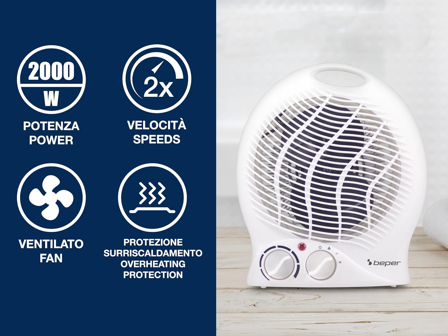 Termoventilatore da Bagno con Termostato Regolabile - Scaldino Elettrico Bagno Basso Consumo, 2000W