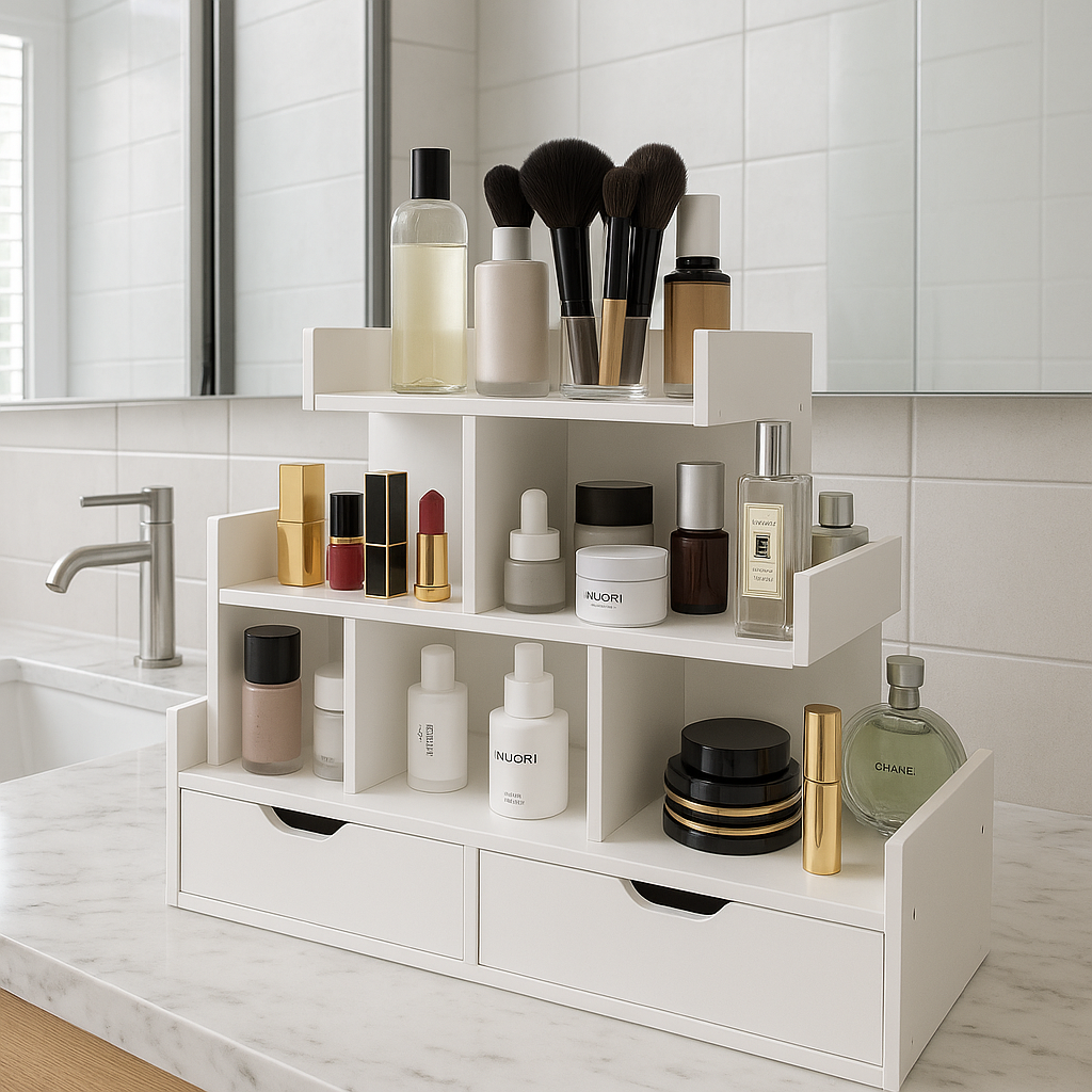 Organizer trucchi da tavolo con cassetti – Porta cosmetici in legno bianco a 3 livelli per bagno o toeletta, ideale per profumi, pennelli e prodotti skincare – 60x17,5x51 cm