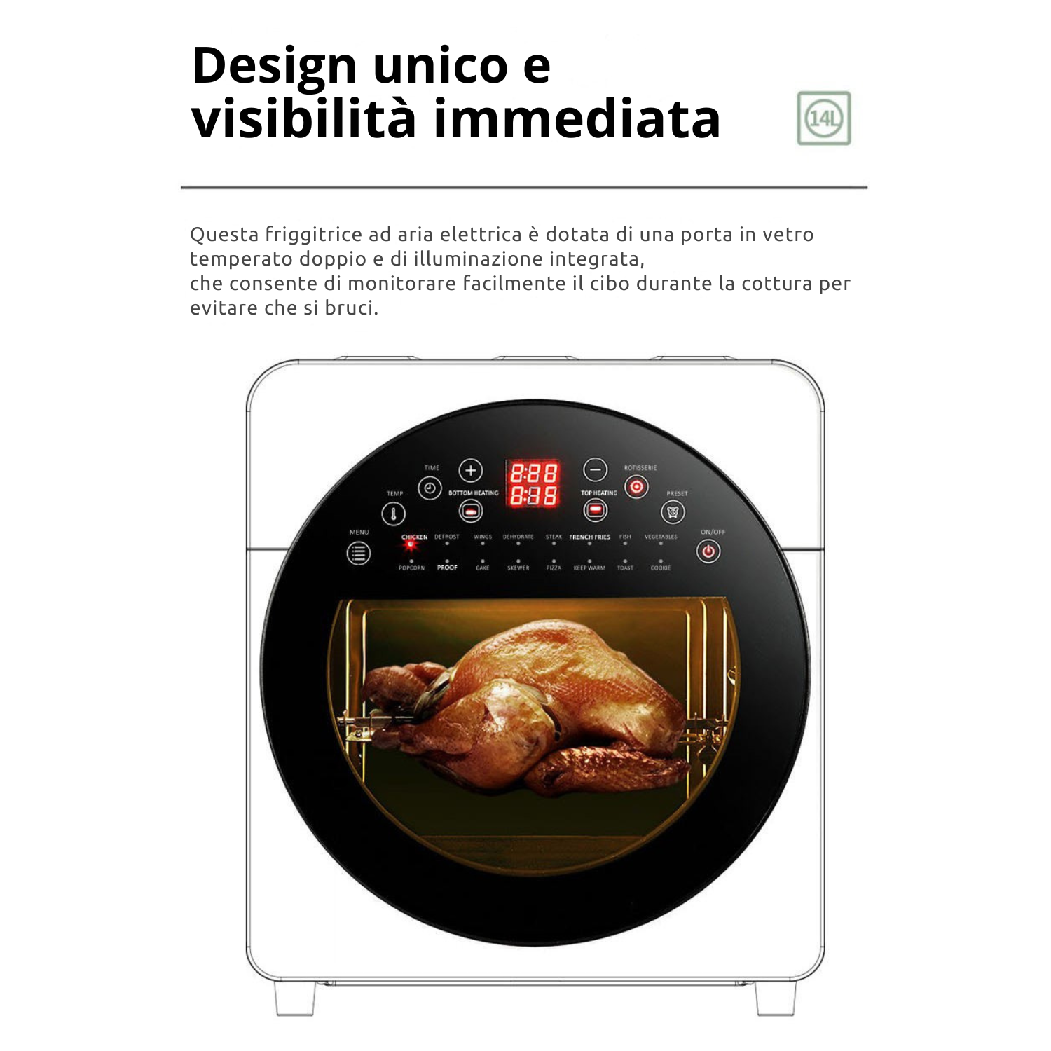Forno ad Aria 14L con Doppio Riscaldamento e Display Touch – Air Fryer Oven Multifunzione in Acciaio, con Girarrosto, Timer Regolabile e Accessori Inclusi – Cottura Sana e Croccante Senza Olio