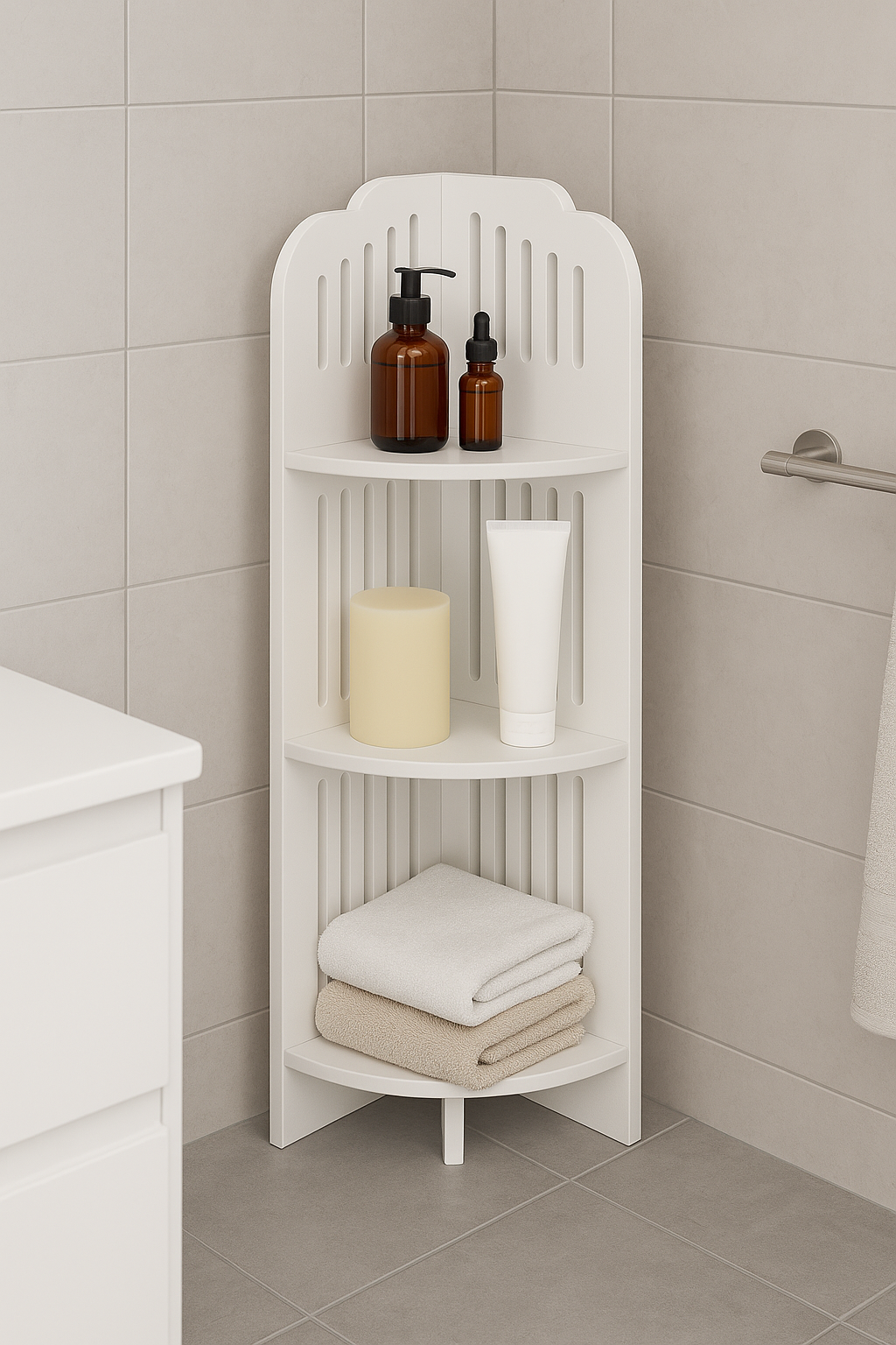 Mobiletto Angolare da Bagno 3 Ripiani in PVC Bianco – Mensola Salvaspazio per Angolo, Ripiano Porta Oggetti e Asciugamani, Facile da Montare, Design Moderno e Impermeabile