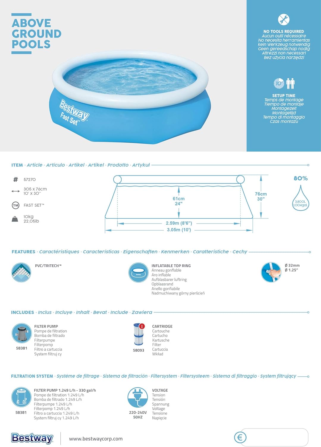BESTWAY Fast Set piscina con pompa filtrante, Blu, 305 x 76 cm