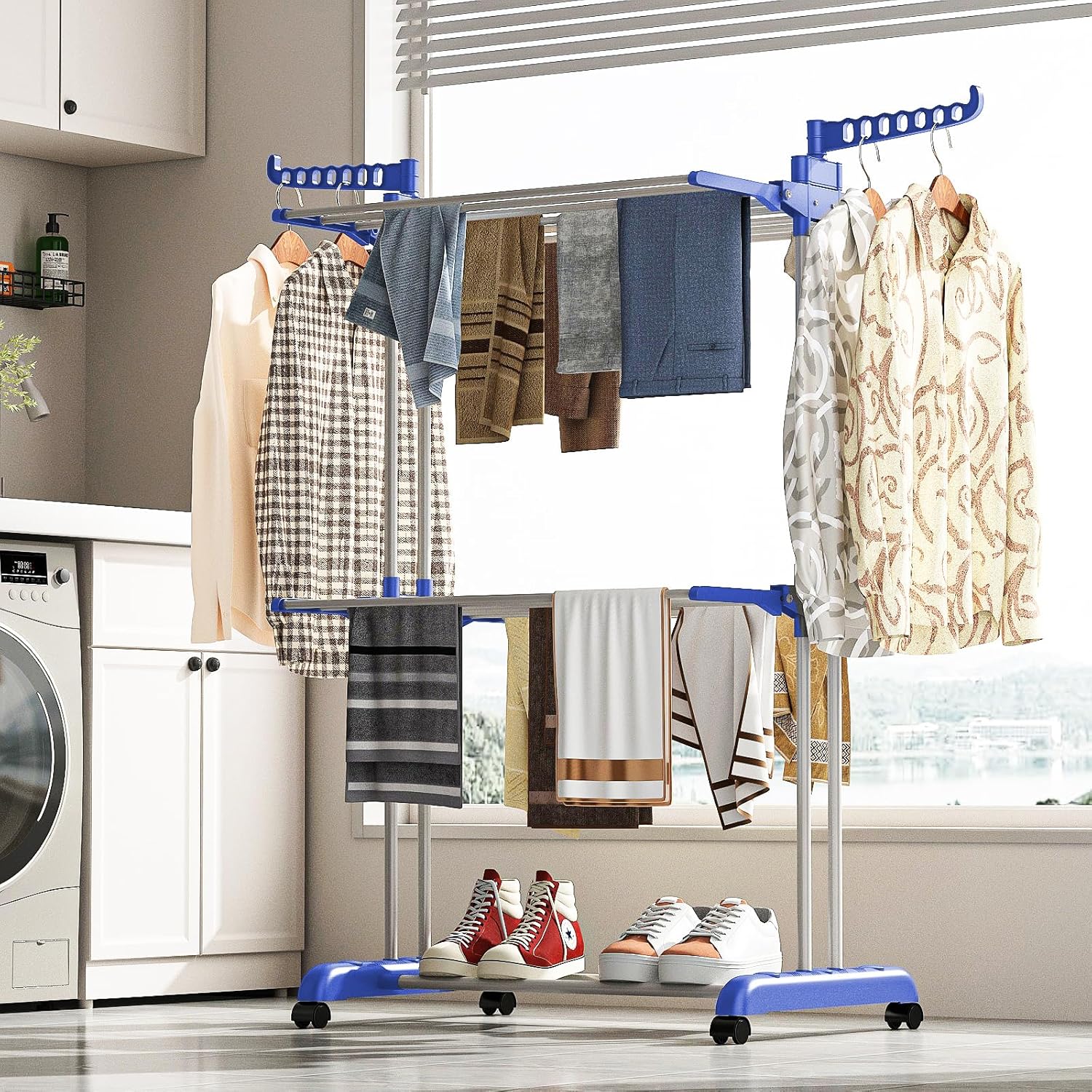 Stendini Estensibile a 4 Livelli in Metallo, Stendibiancheria Salvaspazio per uso Interno/Esterno,73 x 64x 170 cm