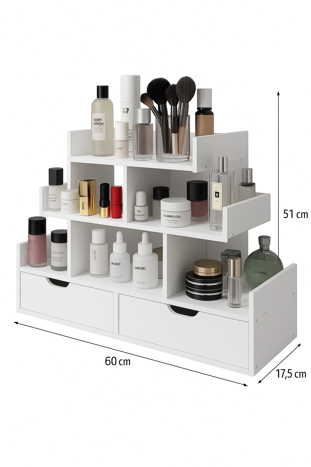 Organizer trucchi da tavolo con cassetti – Porta cosmetici in legno bianco a 3 livelli per bagno o toeletta, ideale per profumi, pennelli e prodotti skincare – 60x17,5x51 cm