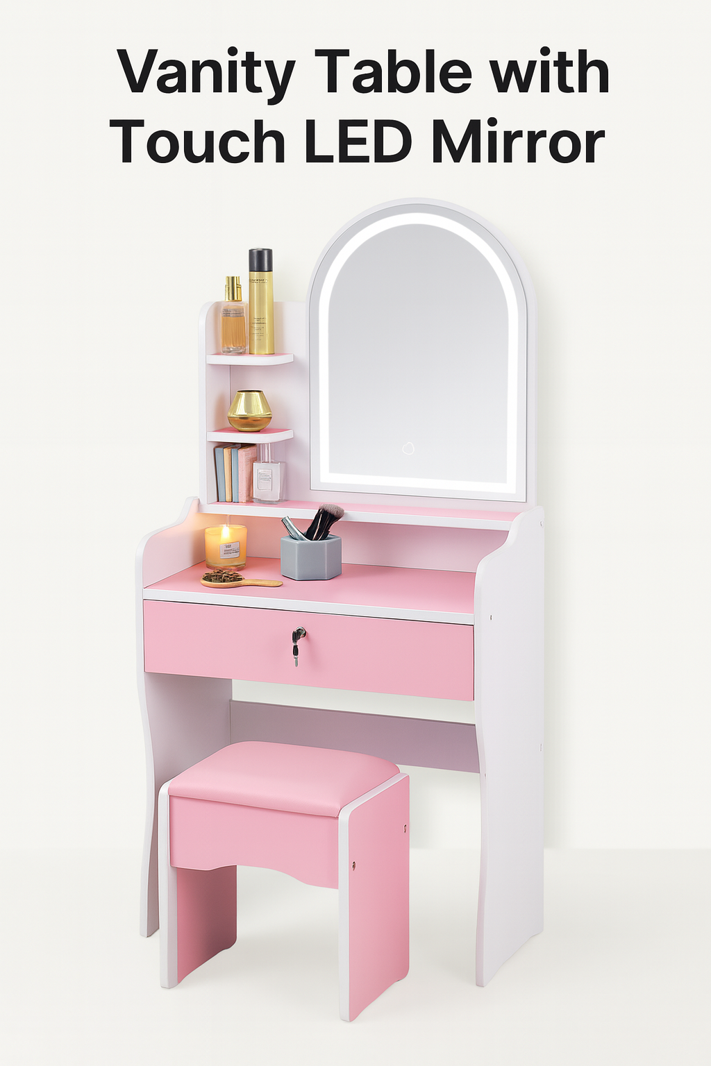 Tavolo da Toeletta con Specchio LED Touch e Sgabello Ballerina Vanity Set Moderno con Cassetto e Mensole, Postazione Trucco Make-up con Illuminazione Regolabile – 50x30x122 cm