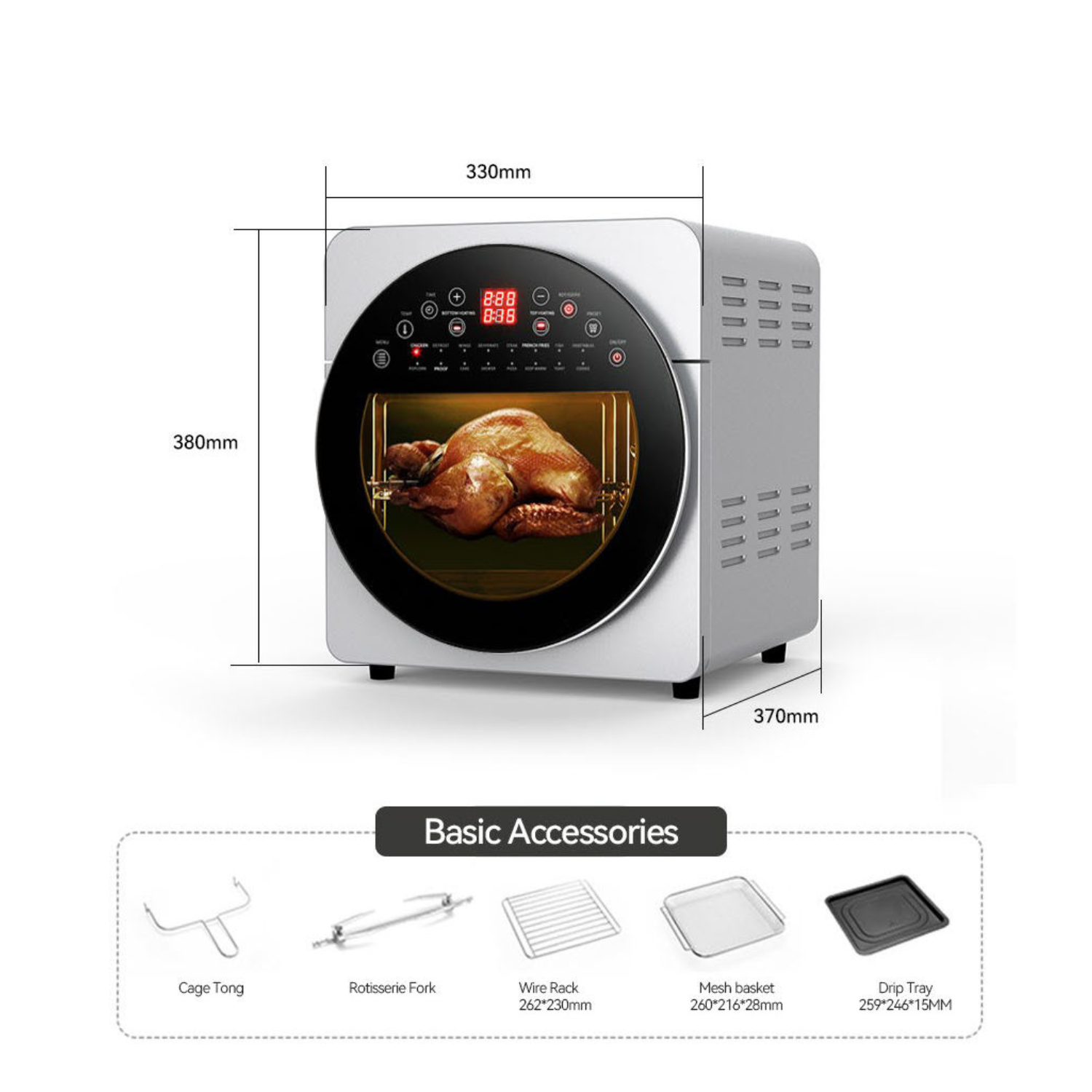 Forno ad Aria 14L con Doppio Riscaldamento e Display Touch – Air Fryer Oven Multifunzione in Acciaio, con Girarrosto, Timer Regolabile e Accessori Inclusi – Cottura Sana e Croccante Senza Olio