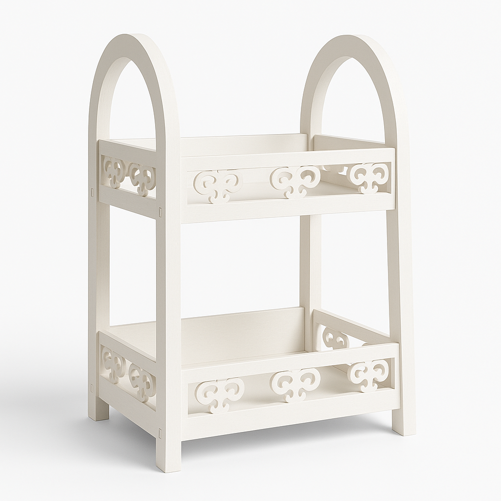 Organizer bagno a 2 ripiani in legno MDF bianco – Scaffale porta oggetti con design traforato, ideale per cosmetici, detergenti e accessori – 29x22x39 cm