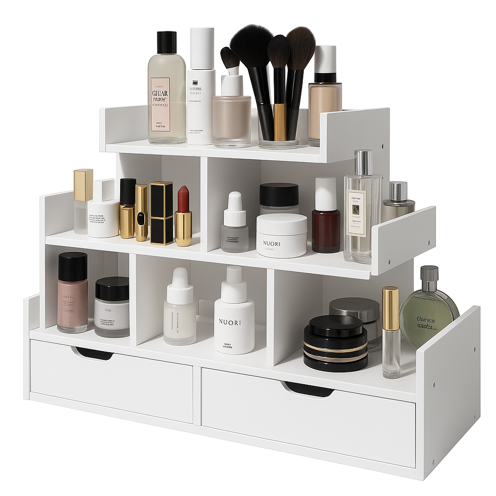Organizer trucchi da tavolo con cassetti – Porta cosmetici in legno bianco a 3 livelli per bagno o toeletta, ideale per profumi, pennelli e prodotti skincare – 60x17,5x51 cm