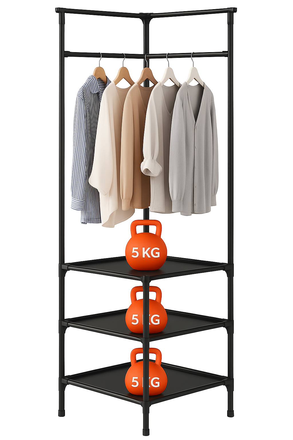 Generico Appendiabiti Angolare con 3 Ripiani – Struttura in Metallo Resistente, Design Salvaspazio 180x45x45 cm, Portabiti con Asta e Mensole Portaoggetti, Portata 5 kg per Ripiano