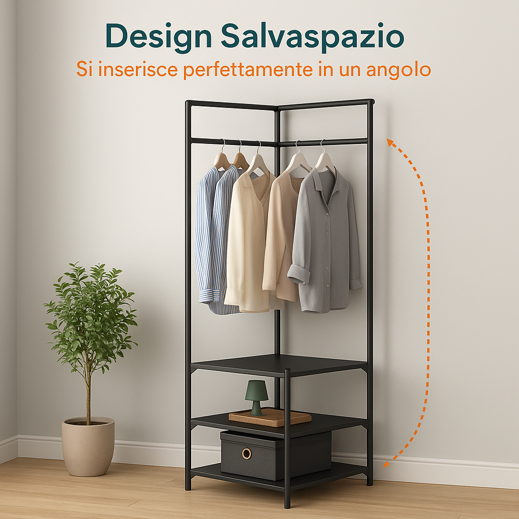 Generico Appendiabiti Angolare con 3 Ripiani – Struttura in Metallo Resistente, Design Salvaspazio 180x45x45 cm, Portabiti con Asta e Mensole Portaoggetti, Portata 5 kg per Ripiano