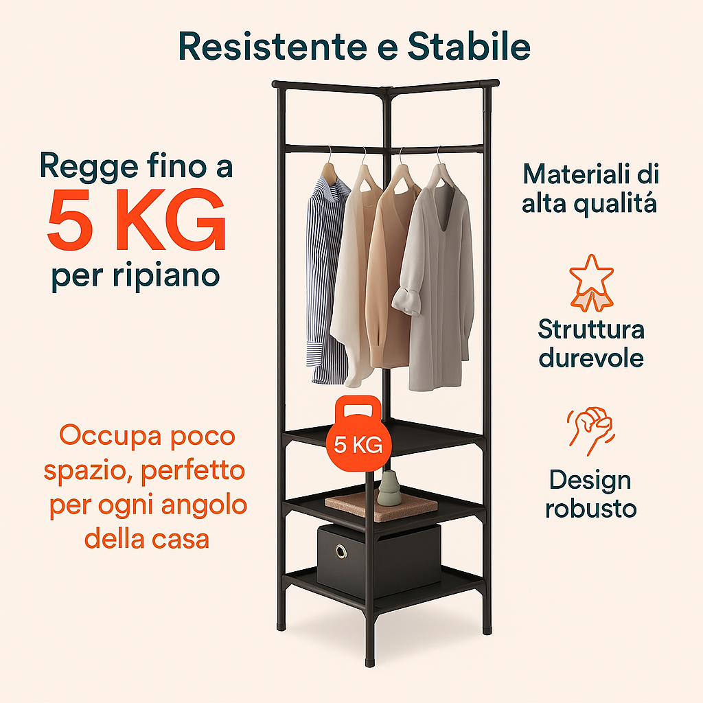 Generico Appendiabiti Angolare con 3 Ripiani – Struttura in Metallo Resistente, Design Salvaspazio 180x45x45 cm, Portabiti con Asta e Mensole Portaoggetti, Portata 5 kg per Ripiano