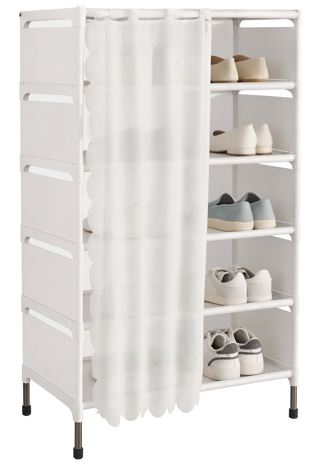 Scarpiera 7 Ripiani con Tenda Bianca – Struttura in Acciaio, Salvaspazio per Scarpe, Armadio Portascarpe con Copertura, Colore Nero o Bianco – 58x26x110 cm
