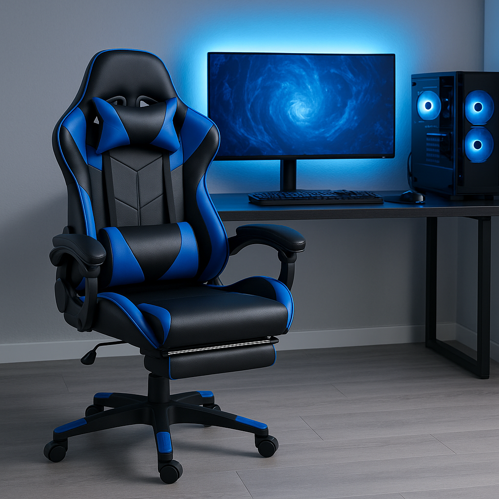 Sedia Gaming Ergonomica con Poggiapiedi Estraibile, Cuscino Lombare e Poggiatesta – Poltrona da Ufficio e Gaming in Ecopelle, Schienale Reclinabile 135°, Altezza Regolabile