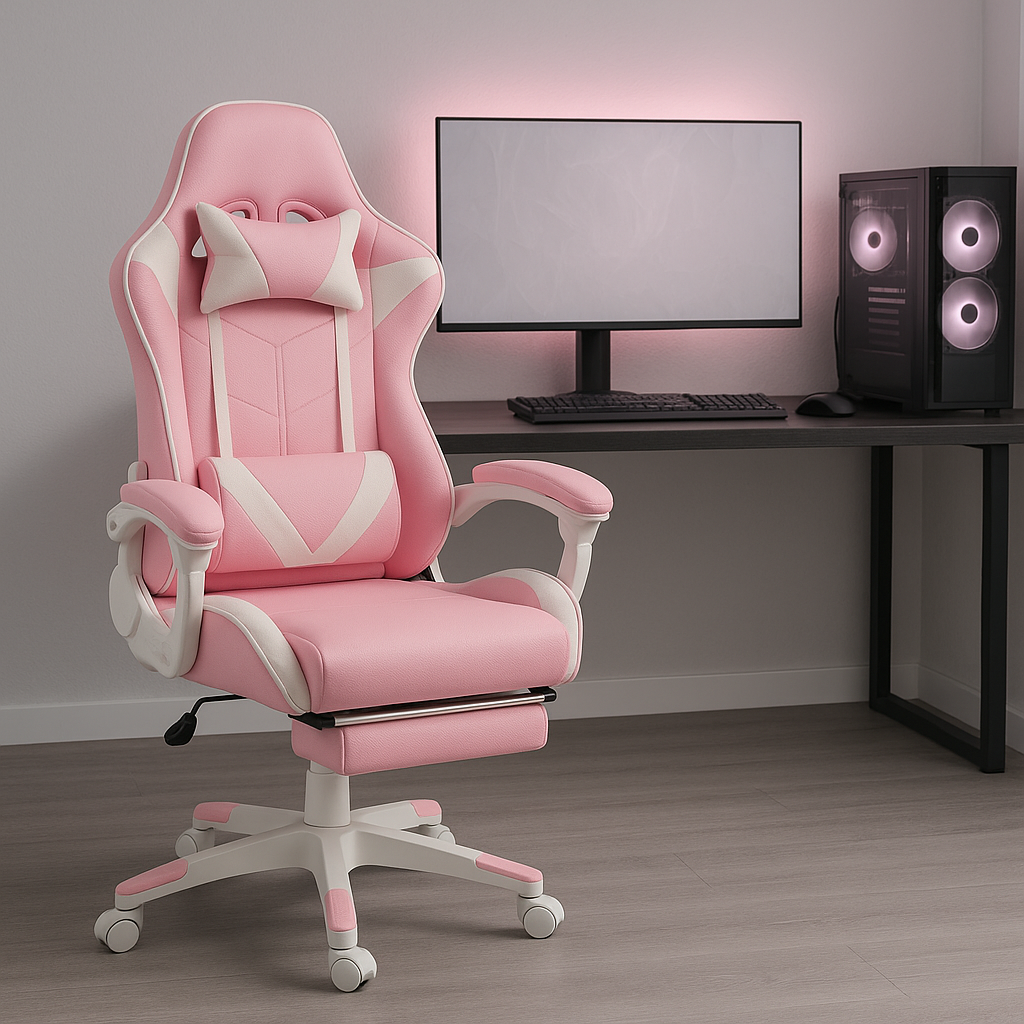 Sedia Gaming Ergonomica con Poggiapiedi Estraibile, Cuscino Lombare e Poggiatesta – Poltrona da Ufficio e Gaming in Ecopelle, Schienale Reclinabile 135°, Altezza Regolabile