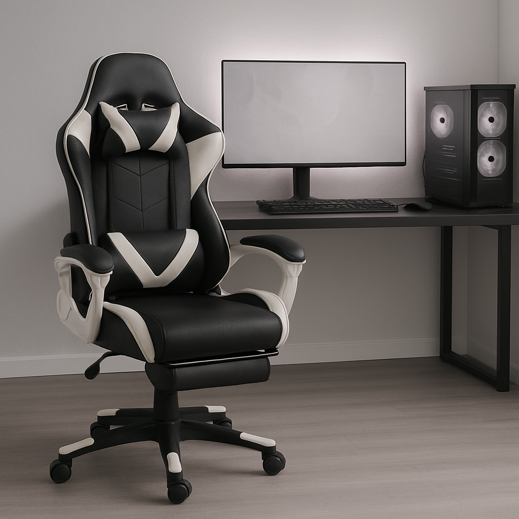 Sedia Gaming Ergonomica con Poggiapiedi Estraibile, Cuscino Lombare e Poggiatesta – Poltrona da Ufficio e Gaming in Ecopelle, Schienale Reclinabile 135°, Altezza Regolabile