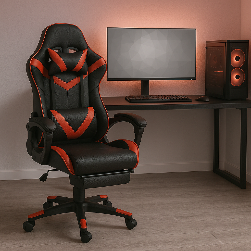 Sedia Gaming Ergonomica con Poggiapiedi Estraibile, Cuscino Lombare e Poggiatesta – Poltrona da Ufficio e Gaming in Ecopelle, Schienale Reclinabile 135°, Altezza Regolabile