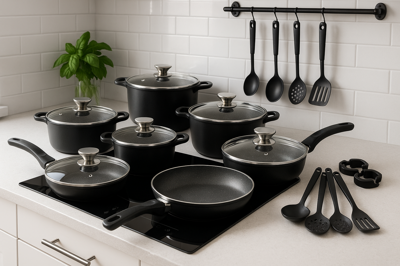 Set di Pentole 23 Pezzi Antiaderente con Coperchi in Vetro – Batteria di Pentole e Padelle con Manici Removibili, Mestoli e Accessori in Silicone – Adatte a Tutti i Piani di Cottura, Induzione Inclusa