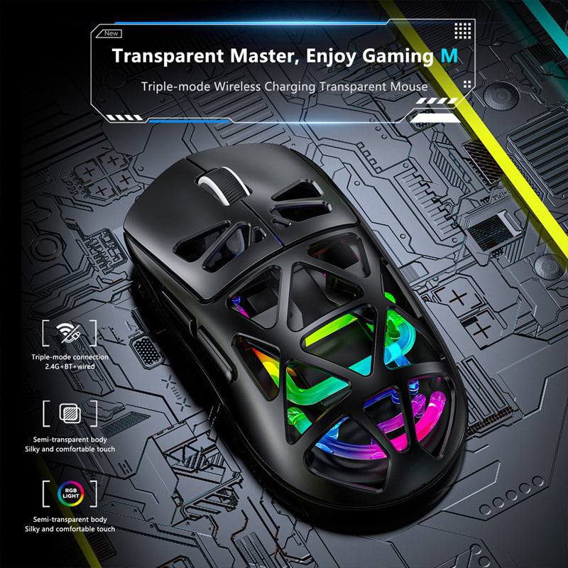 Mouse Gaming Wireless 3 Modalità (2.4G + Bluetooth + Cavo) | DPI 800-3600 Regolabile | RGB | Design Ergonomico | Corpo Semitrasparente