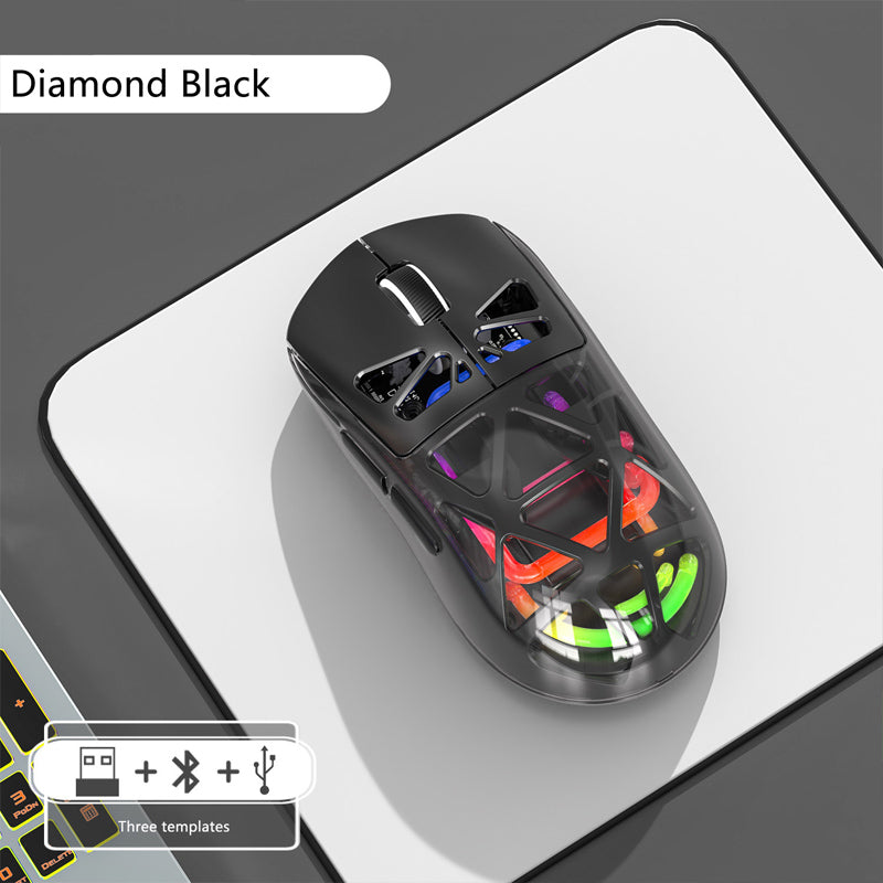 Mouse Gaming Wireless 3 Modalità (2.4G + Bluetooth + Cavo) | DPI 800-3600 Regolabile | RGB | Design Ergonomico | Corpo Semitrasparente