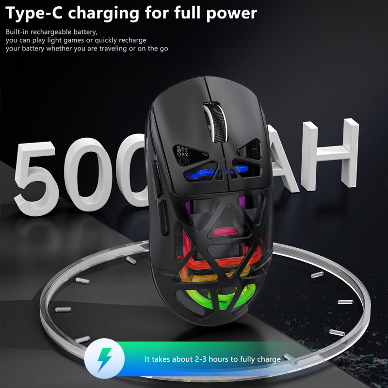 Mouse Gaming Wireless 3 Modalità (2.4G + Bluetooth + Cavo) | DPI 800-3600 Regolabile | RGB | Design Ergonomico | Corpo Semitrasparente