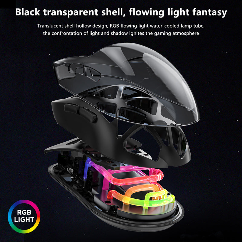Mouse Gaming Wireless 3 Modalità (2.4G + Bluetooth + Cavo) | DPI 800-3600 Regolabile | RGB | Design Ergonomico | Corpo Semitrasparente
