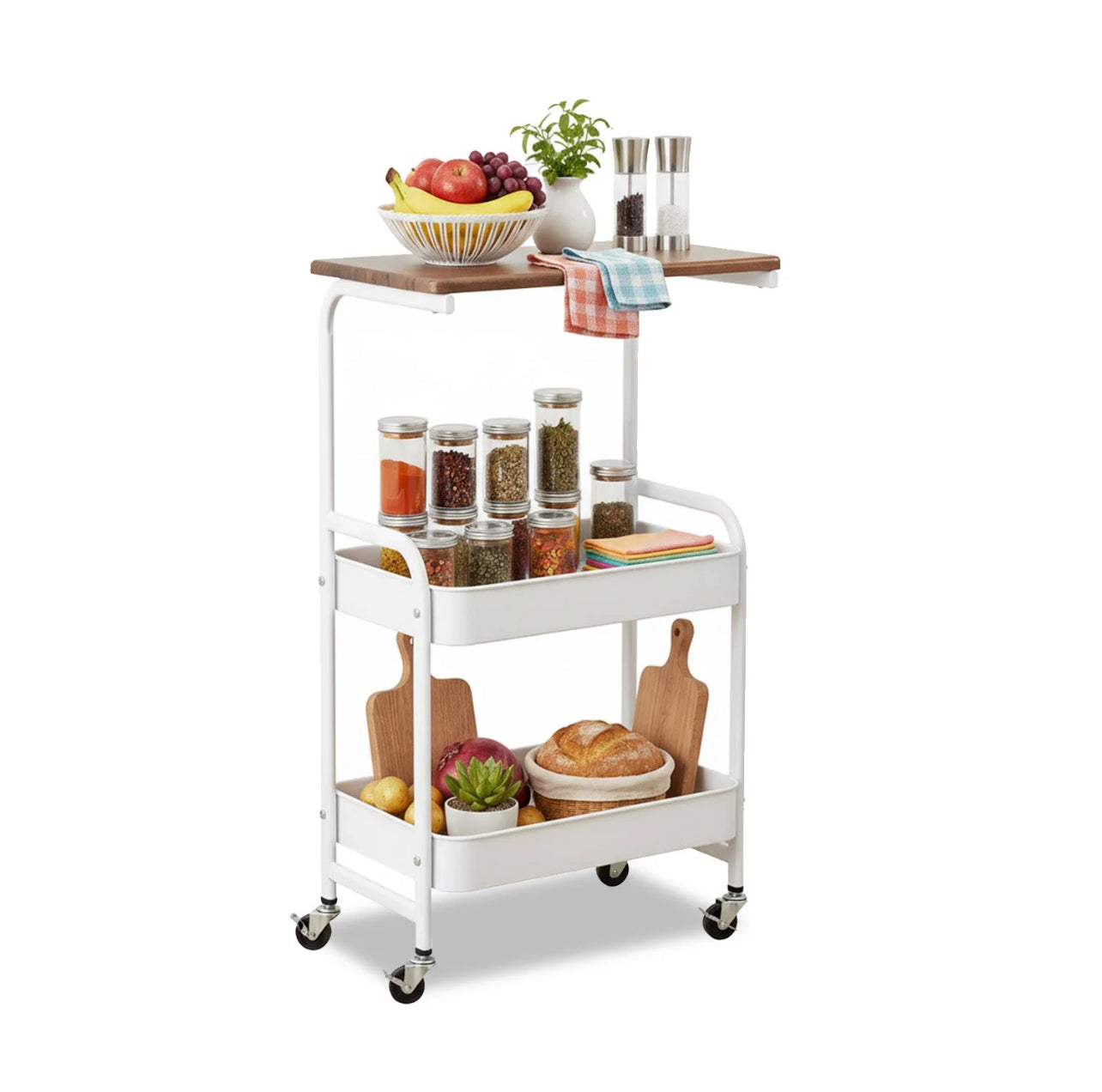 Carrello Multiuso 3 Ripiani con Ruote Girevoli 360°, Struttura in Metallo e Mensola in Legno, Carrello da Cucina, Bagno o Soggiorno, Mobiletto Salvaspazio con Freno di Blocco – 43x30x77 cm
