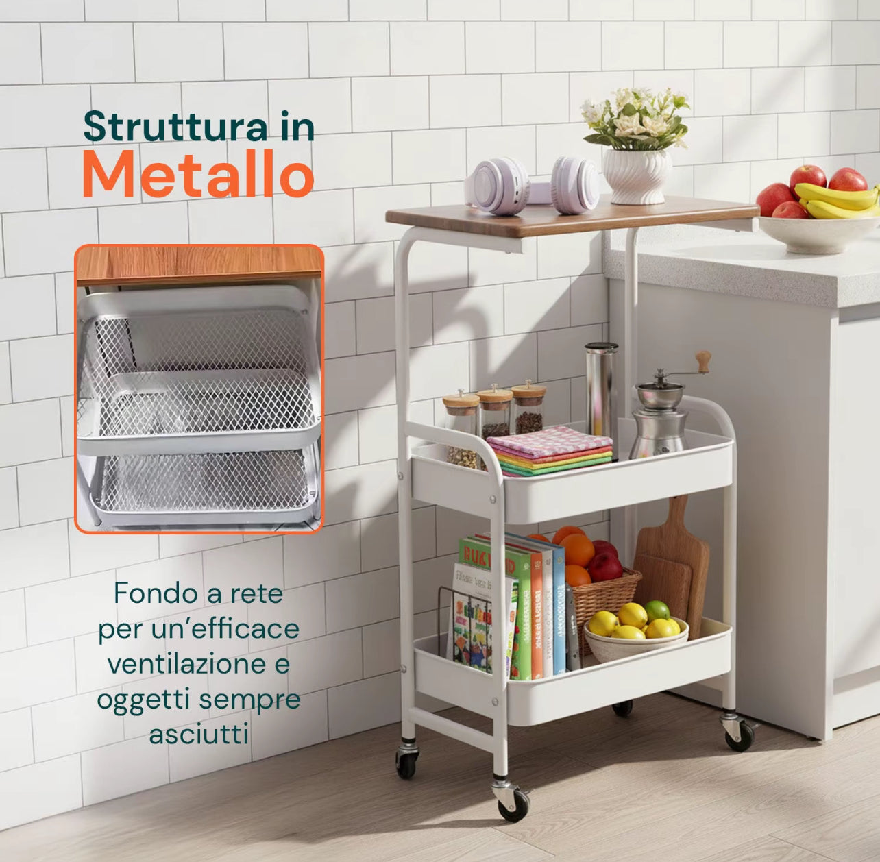 Carrello Multiuso 3 Ripiani con Ruote Girevoli 360°, Struttura in Metallo e Mensola in Legno, Carrello da Cucina, Bagno o Soggiorno, Mobiletto Salvaspazio con Freno di Blocco – 43x30x77 cm